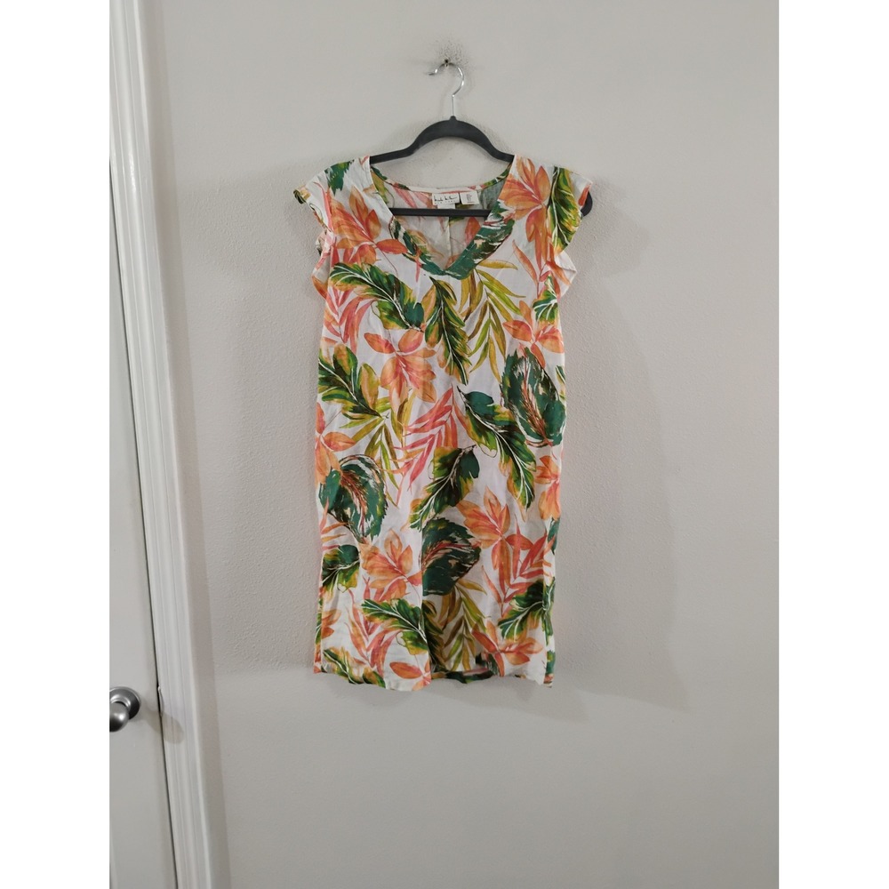 Nicole Miller New York Linen Tropical Floral V-Neck Flutter Sleeve Dress Small